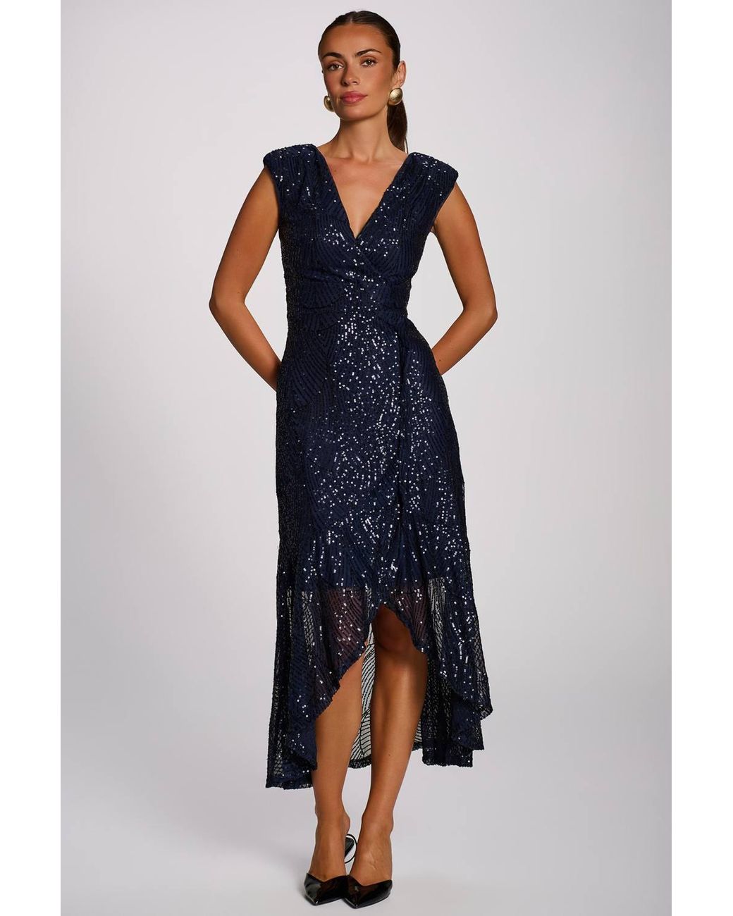 Jolie Moi Blue Sequin V Neckline Maxi Dress