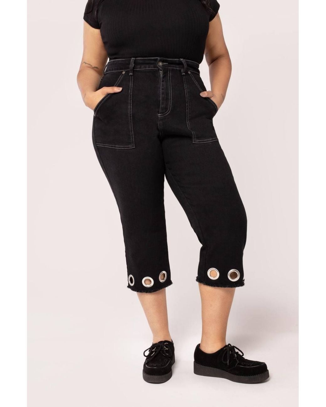 Hell Bunny Black Destroya Denim Cropped Wide Leg Jeans With Raw Hem & Eyelet Detail