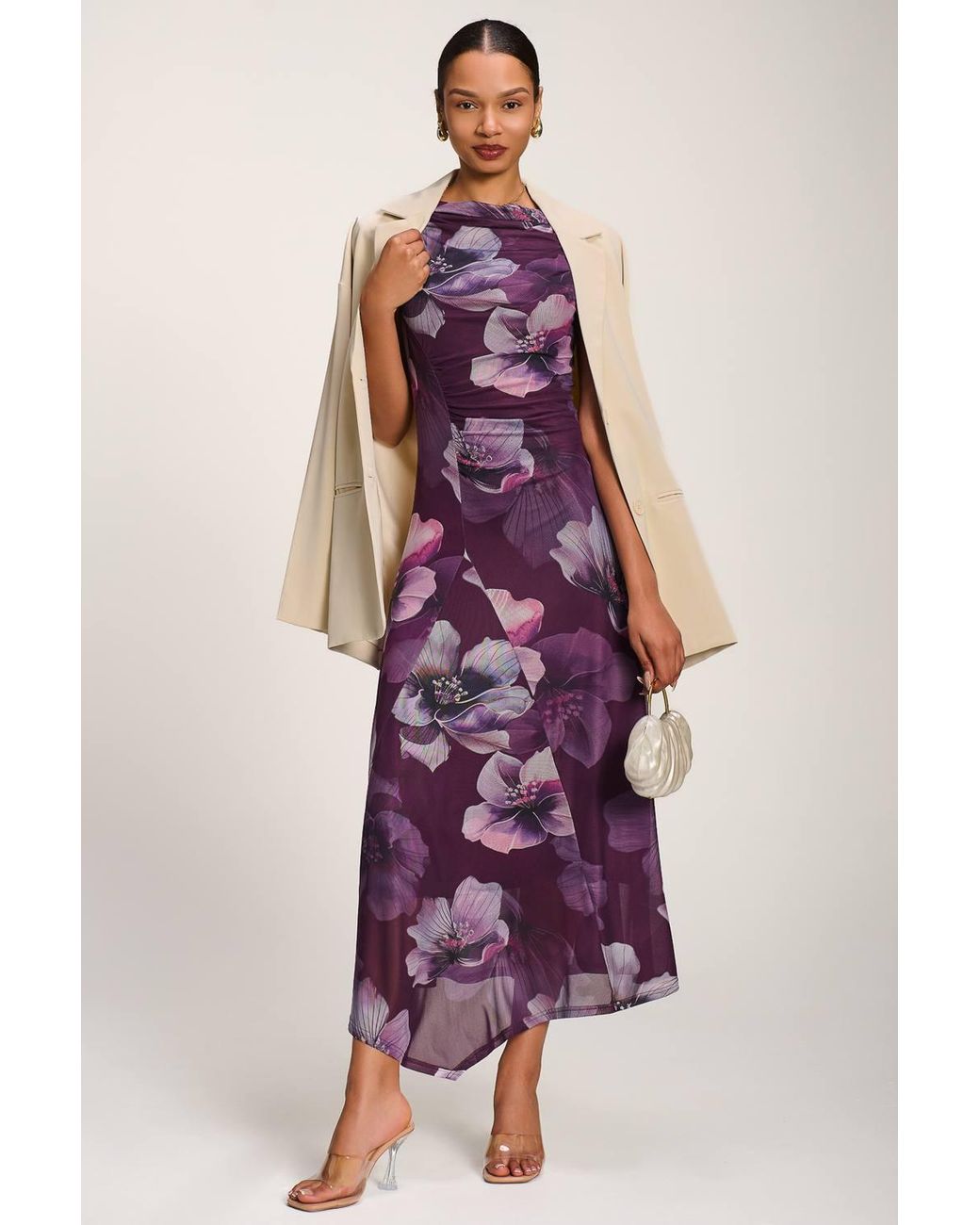Jolie Moi Purple Asymmetric Draped Mesh Maxi Dress