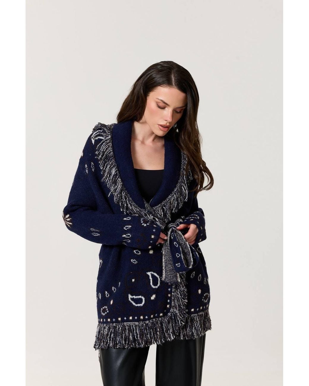 Liquorish Blue Paisley Fringe Wool Blend Cardigan
