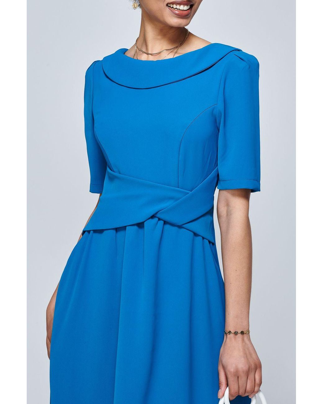 Jolie Moi Blue Darlene Fold Over Neck Dress