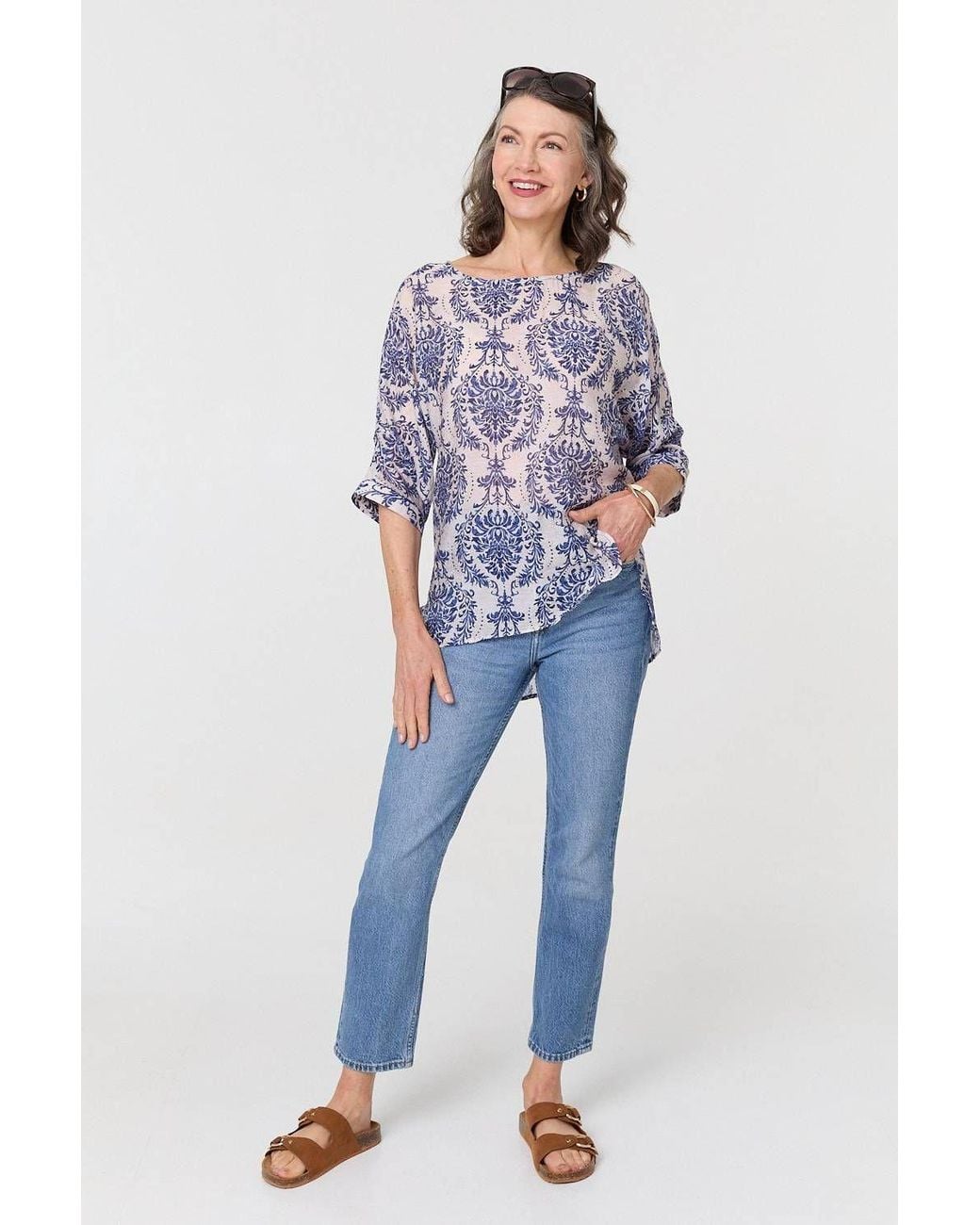 Izabel London Blue Baroque Print 3/4 Sleeve Relaxed Blouse