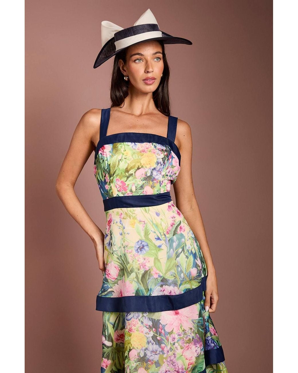 Coast Blue Lisa Tan Printed Tiered Organza Midi Dress