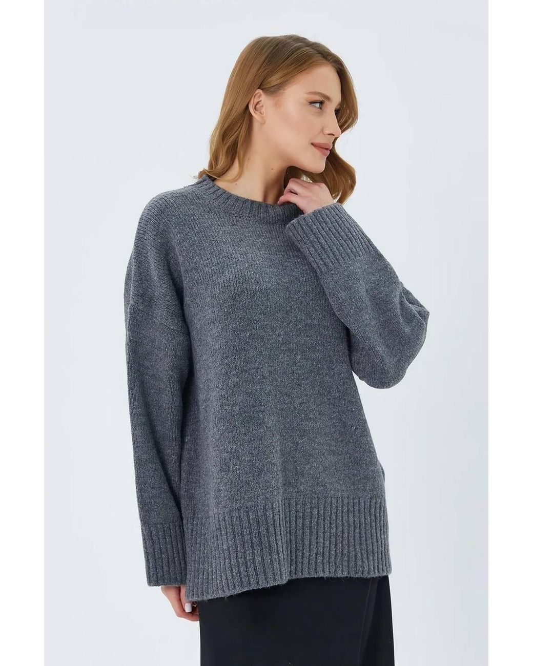 MixRay Blue Oversized Ribbed Knit Sweater With Crew Neck