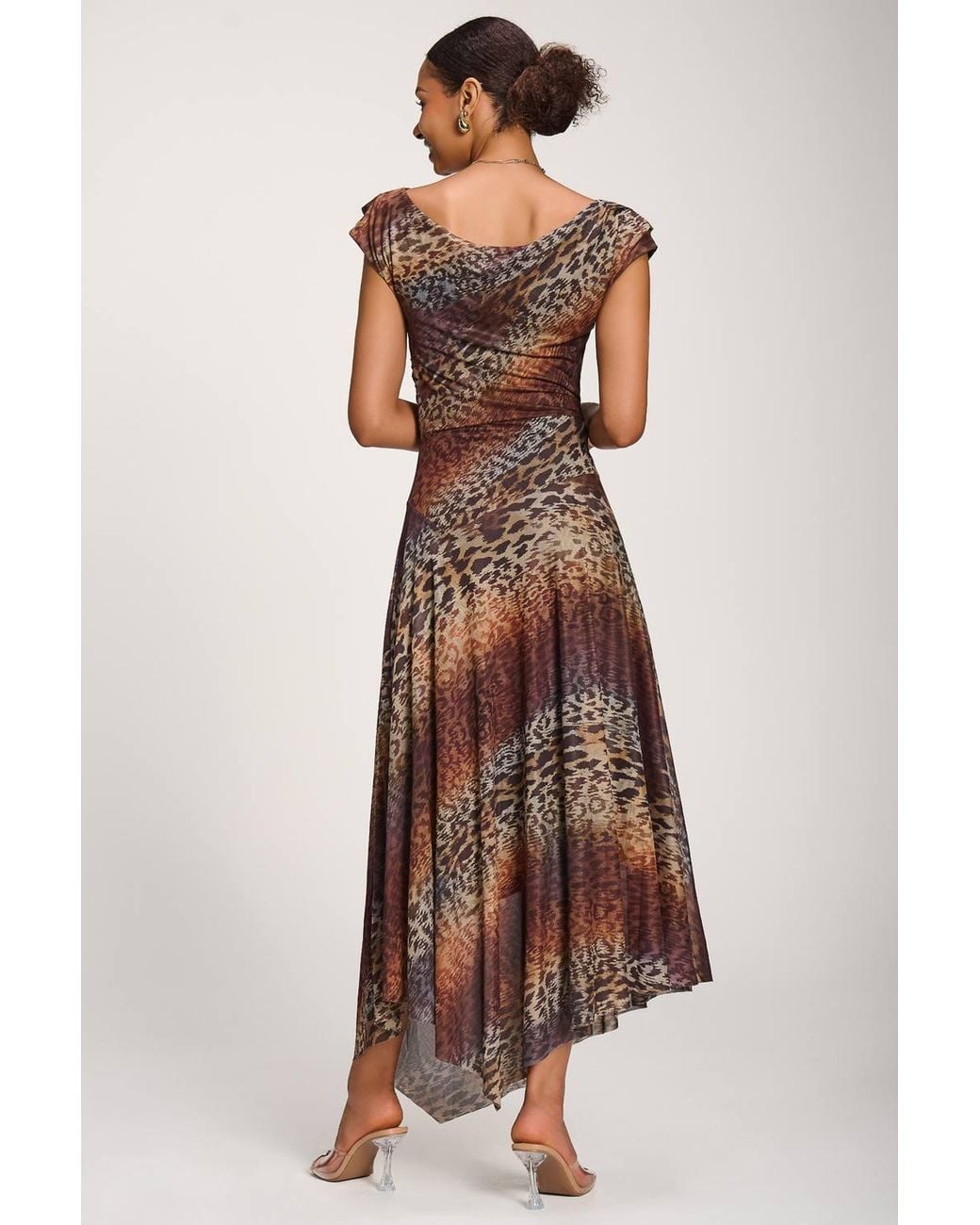 Jolie Moi Brown Asymmetrical Draped Mesh Maxi Dress