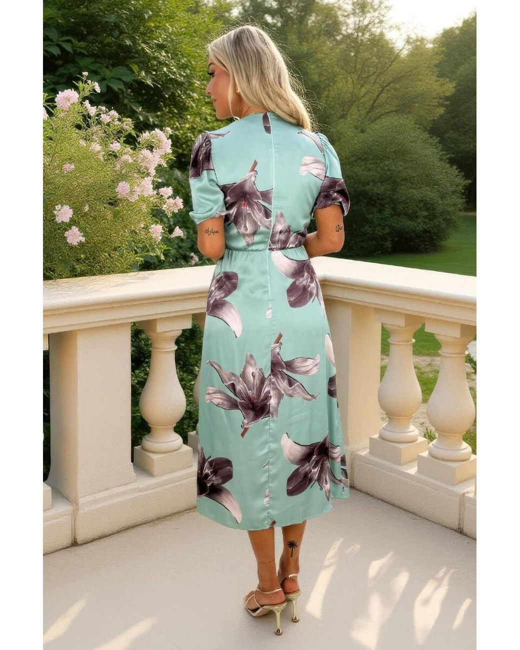 AX Paris Green Duck Egg Floral Print Wrap Top Ruched Detail Midi Dress