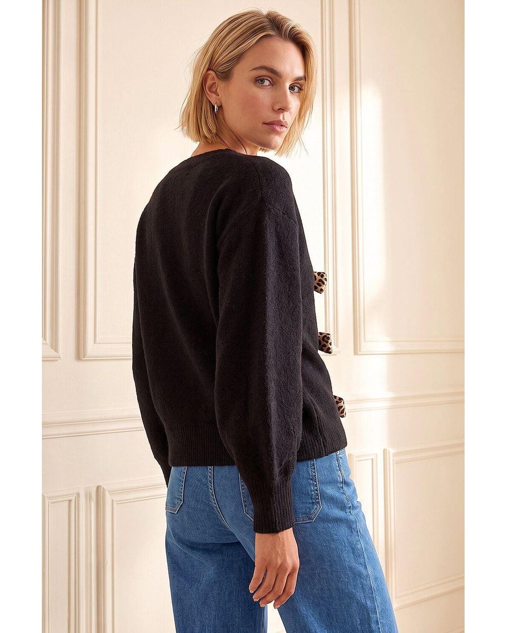 Roman Black Animal Tie Front Knit Cardigan