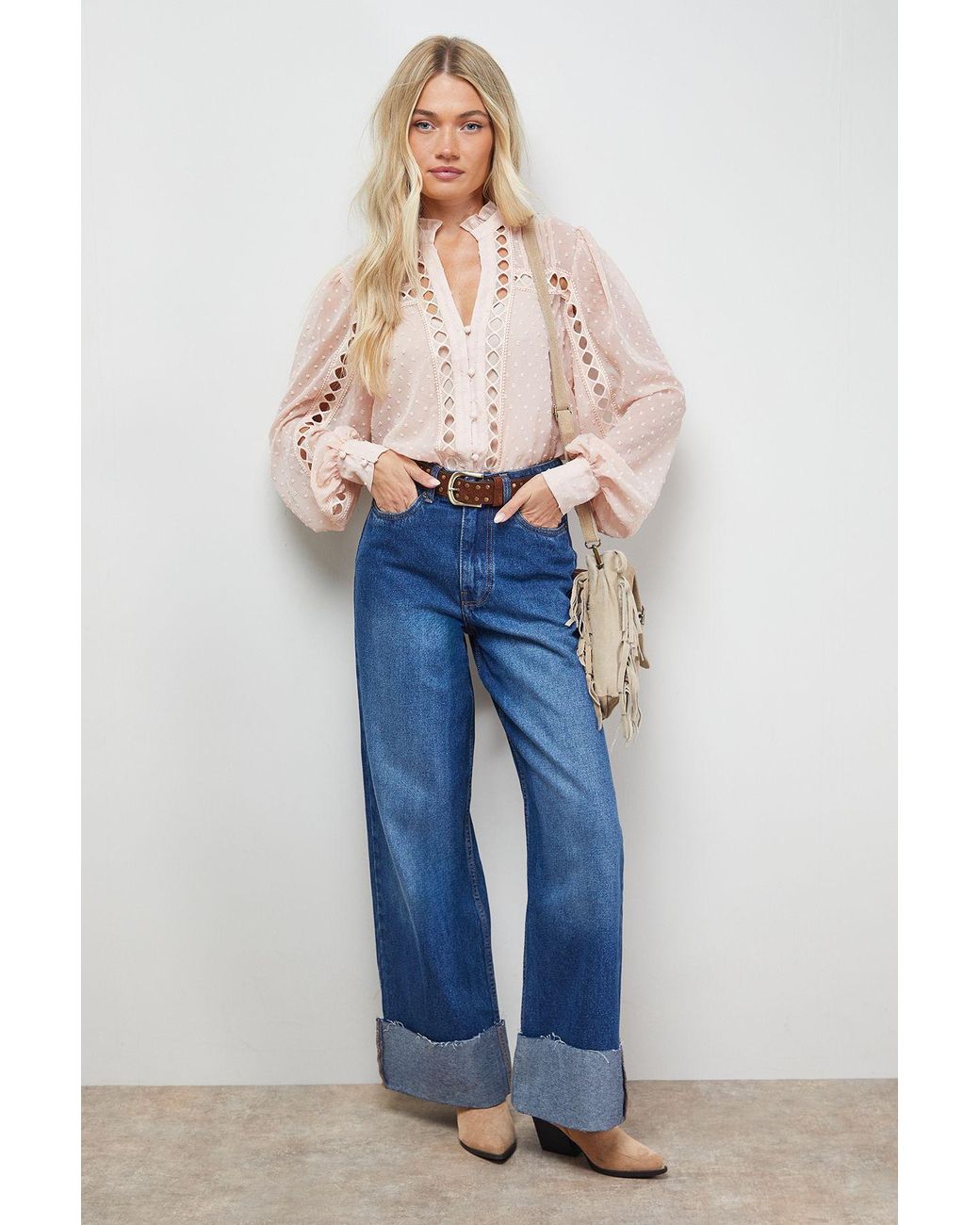 Oasis Multicolor Dobby Chiffon Trim Detail Button Down Blouse
