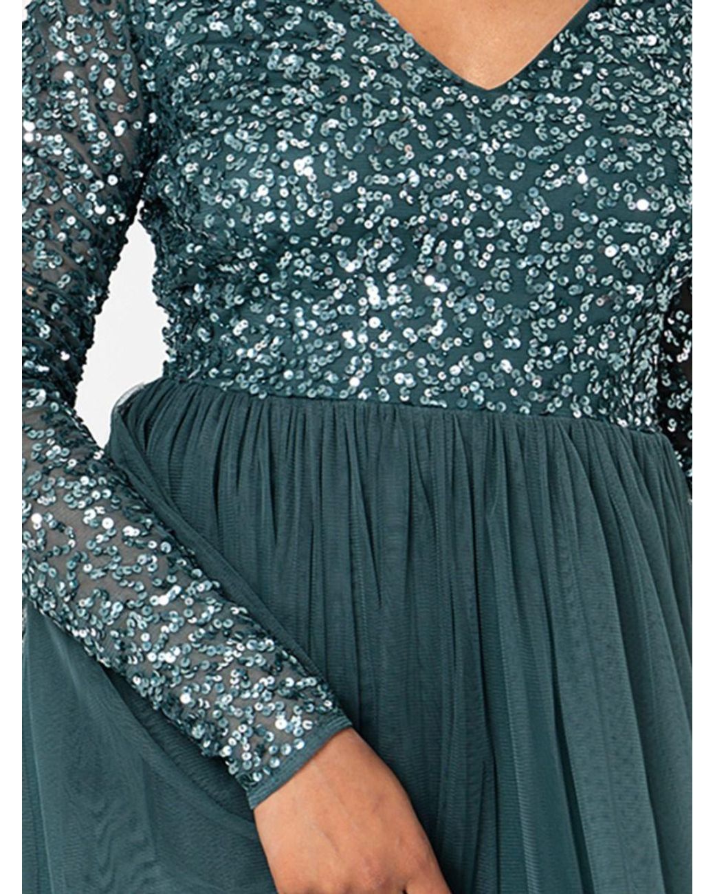 Maya Deluxe Blue V Neck Embellished Long Sleeve Maxi Dress