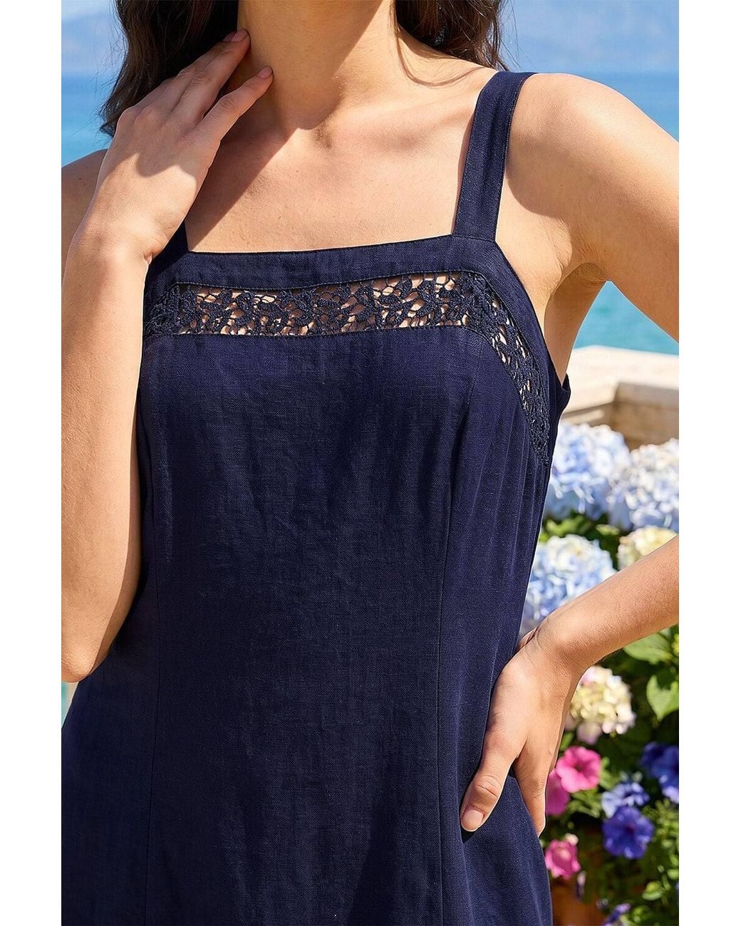Roman Blue Linen Blend Lace Trim Midi Dress