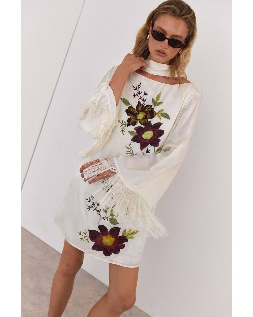 Warehouse Natural Premium Embroidered Fringed Scarf Detail Mini Dress