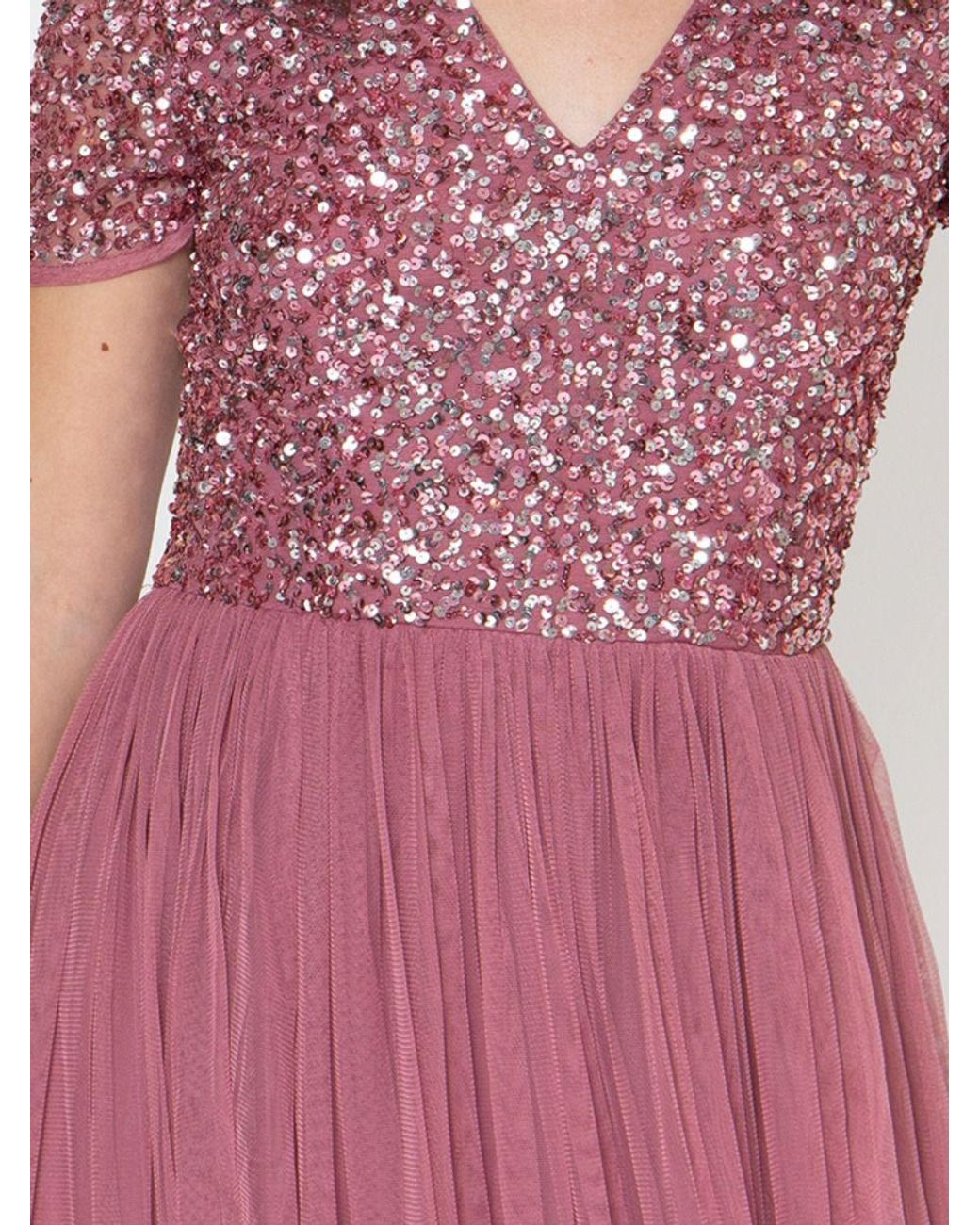 Maya Deluxe Pink Short Sleeve V Neck Embellished Midi Dress
