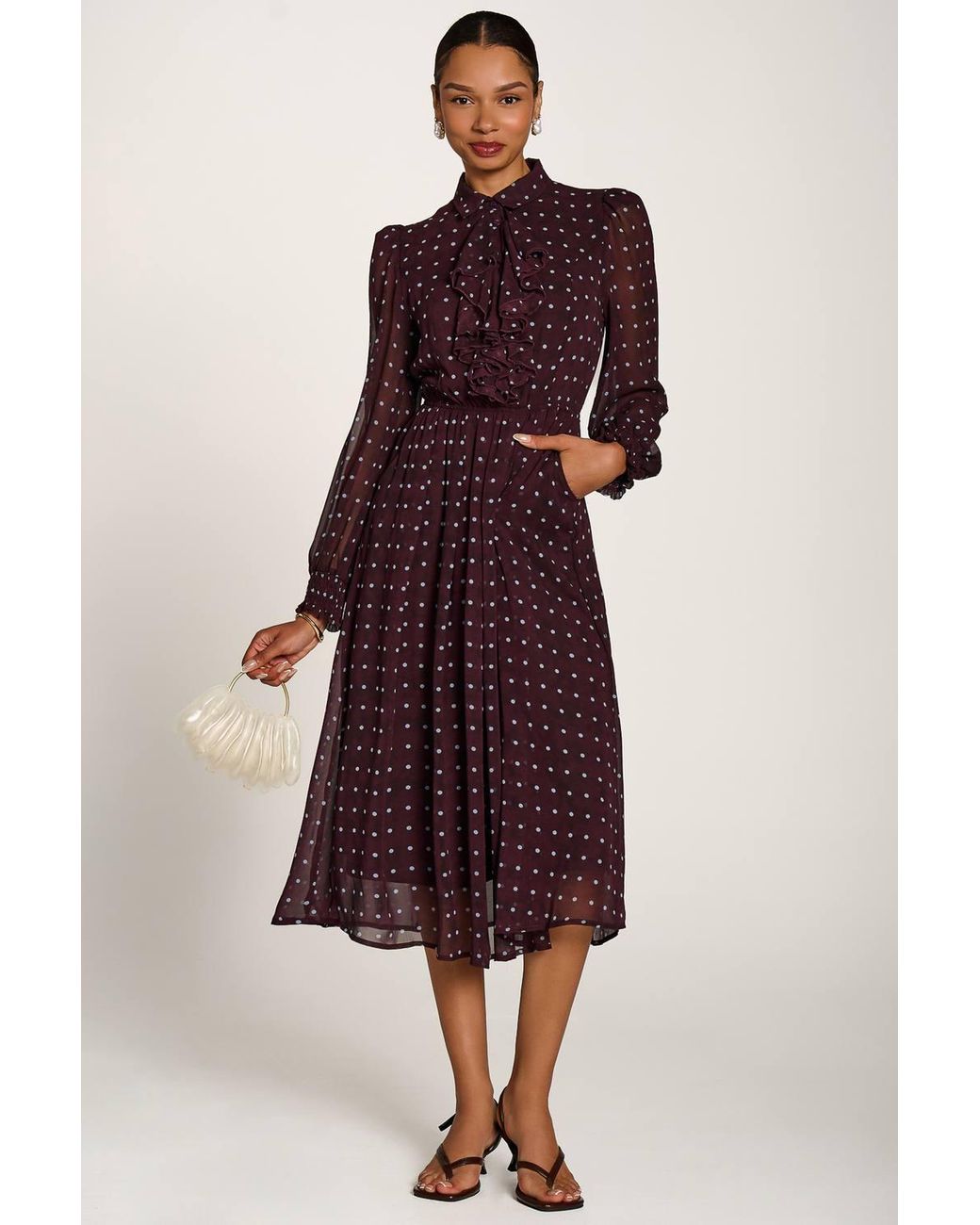 Jolie Moi Red Chiffon Print Ruffled Shirt Dress