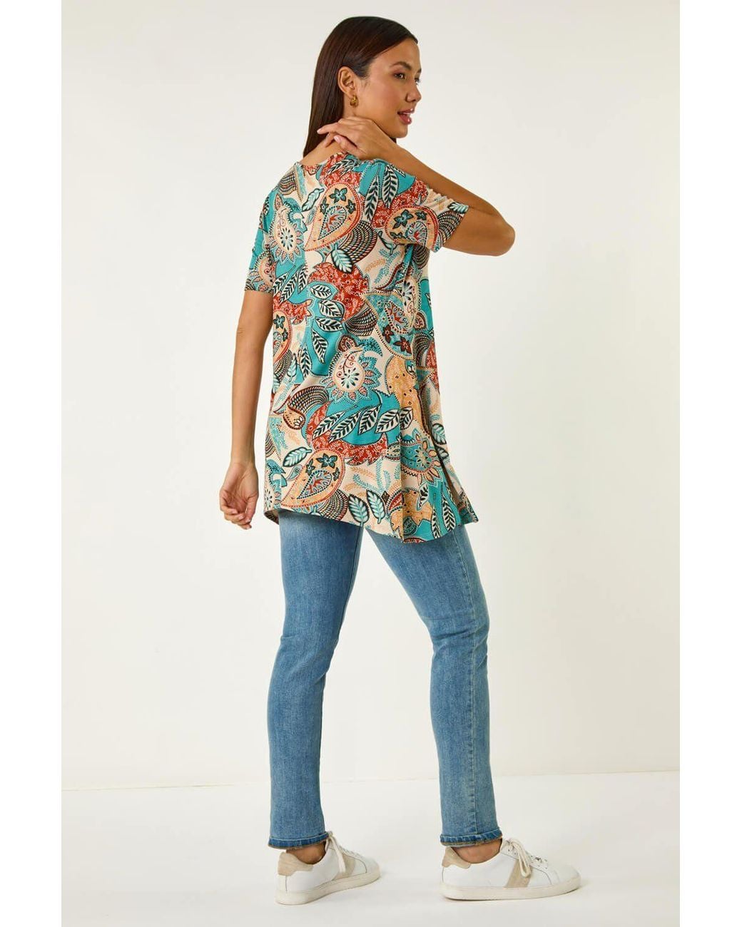 Roman Blue Floral Print Hanky Hem Tunic Top