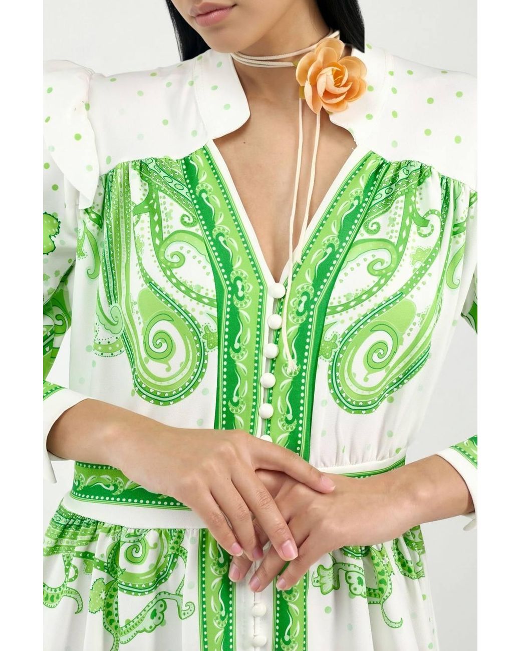 Msn-Collection Green V-Neck Paisley Maxi Dress With Slit