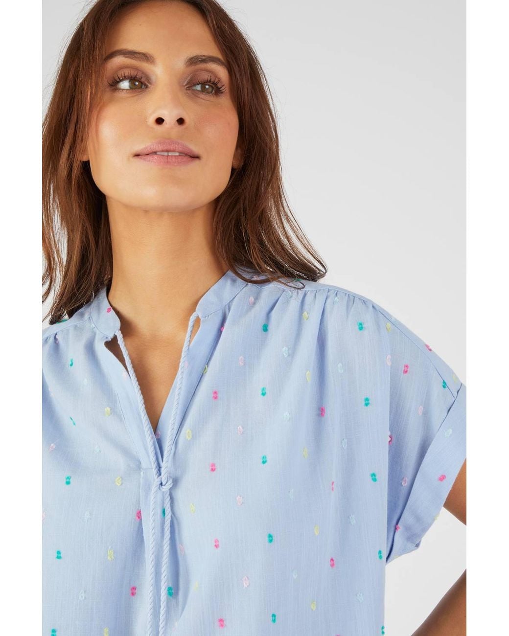 DAMART Blue Airy Tunisian Collar Blouse With Tassels