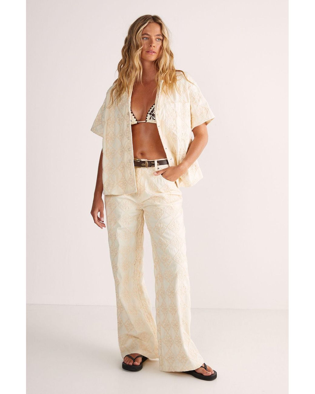 Nasty Gal Natural Embroidered Flower Short Sleeve Denim Shirt