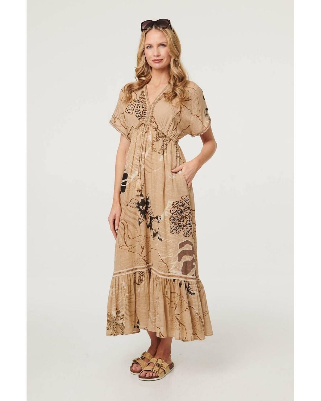 Izabel London Natural Printed Short Sleeve Empire Maxi Dress