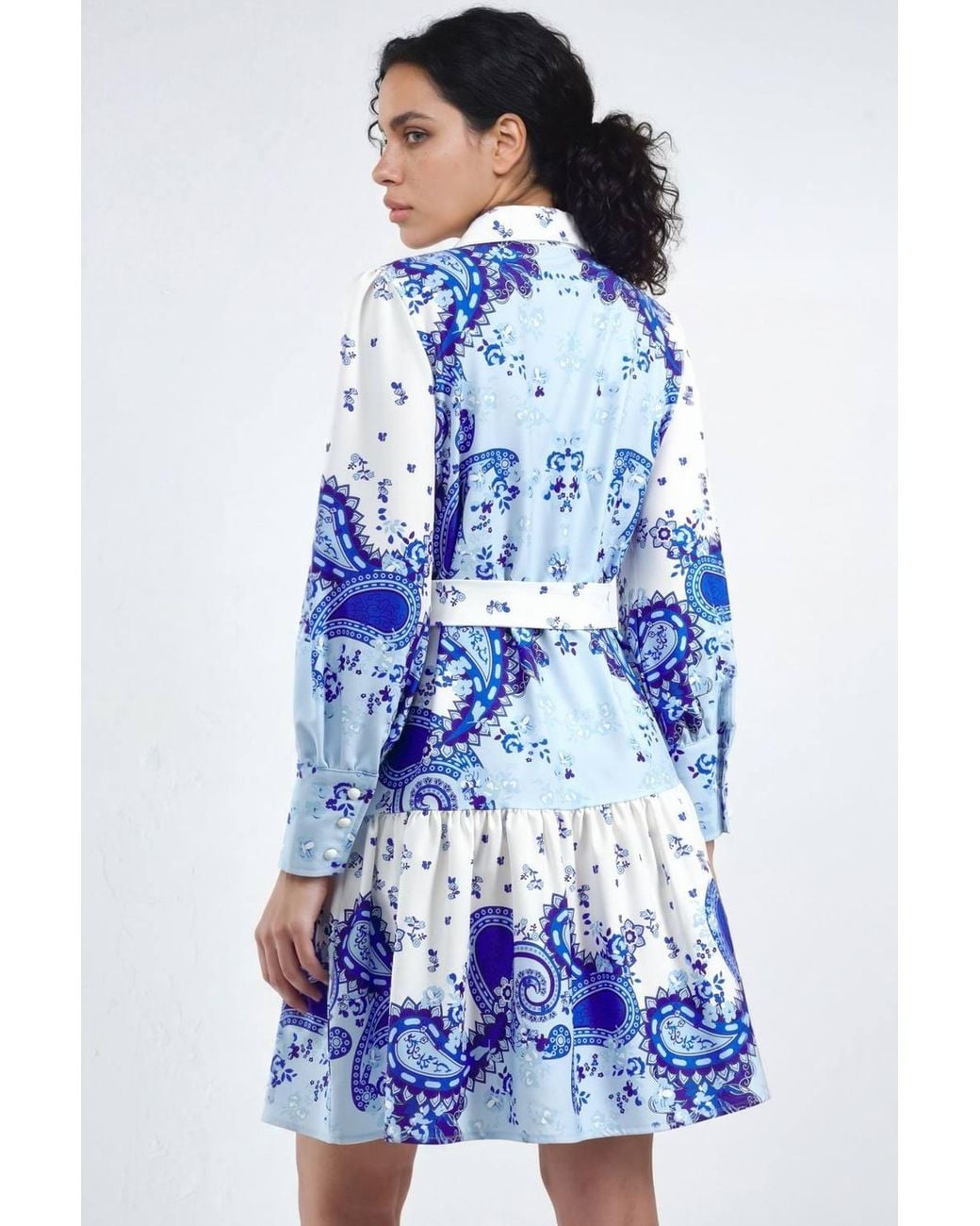 Msn-Collection Blue Patterned A-Line Mini Dress