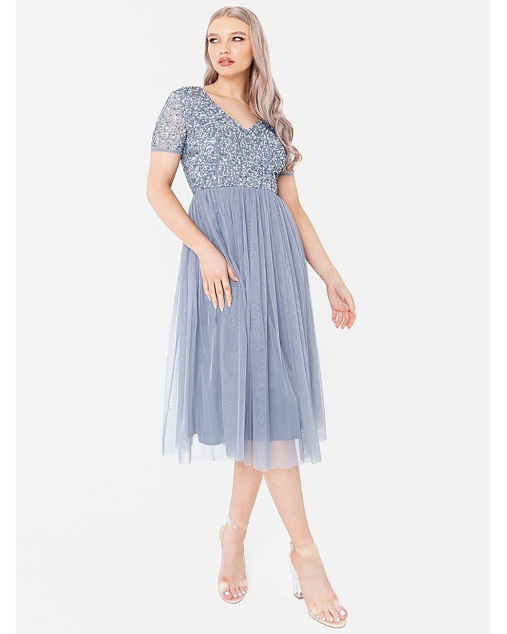 Maya Deluxe Blue Short Sleeve V Neck Embellished Midi Dress