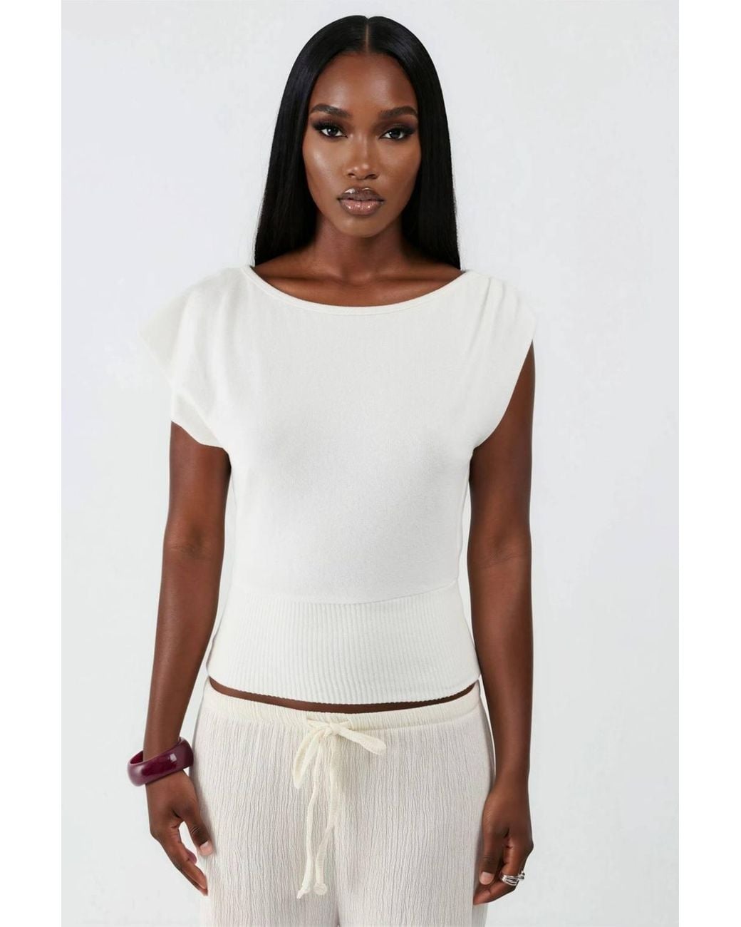 Busem White Boat Neck Ribbed Blouse