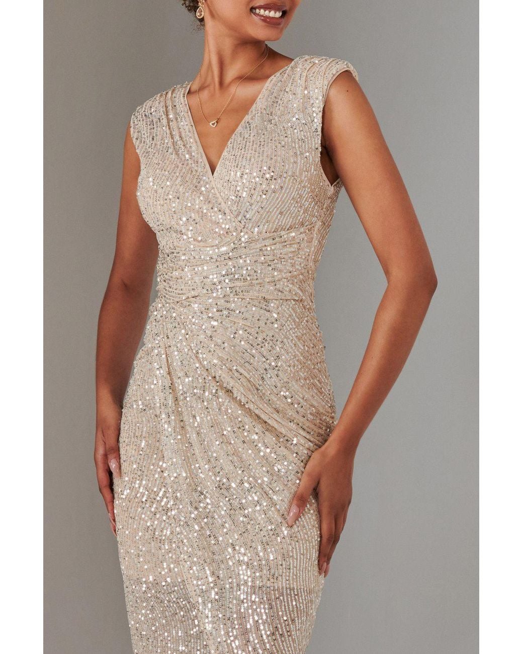 Jolie Moi Natural Aisla Ruched Sequin Bodycon Dress