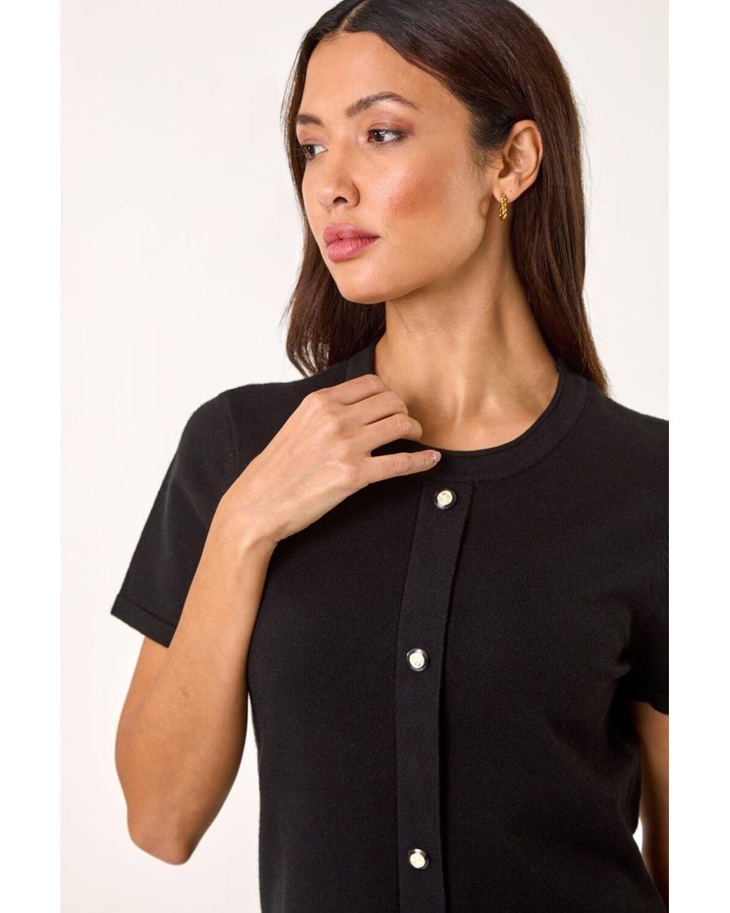 Roman Black Knitted Button Detail A-Line Dress