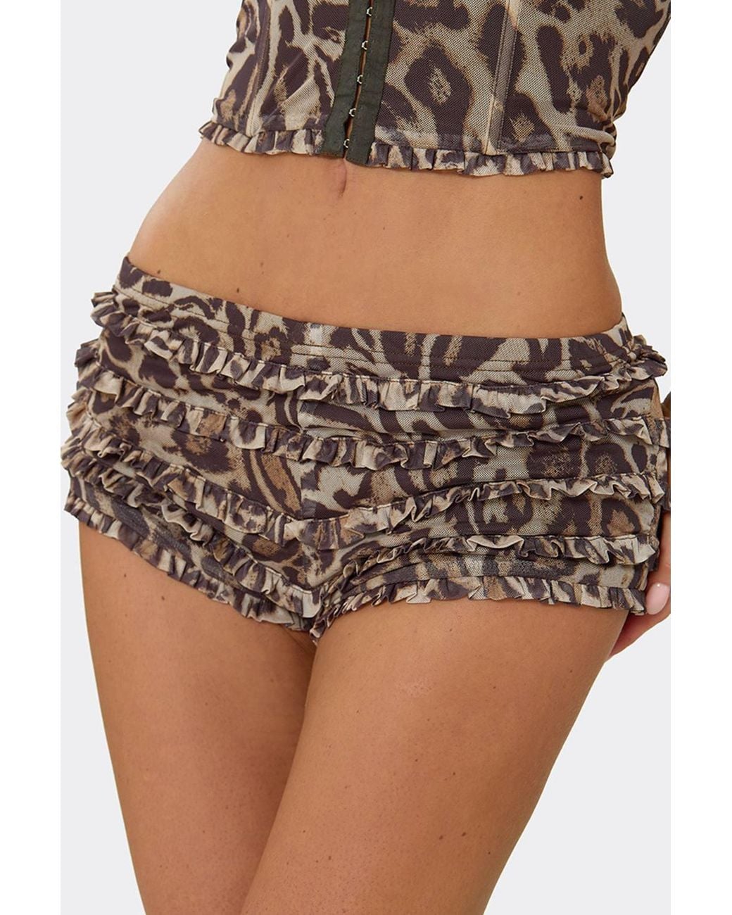 EGO Brown Frill Trim Leopard Print Low Rise Mini Shorts