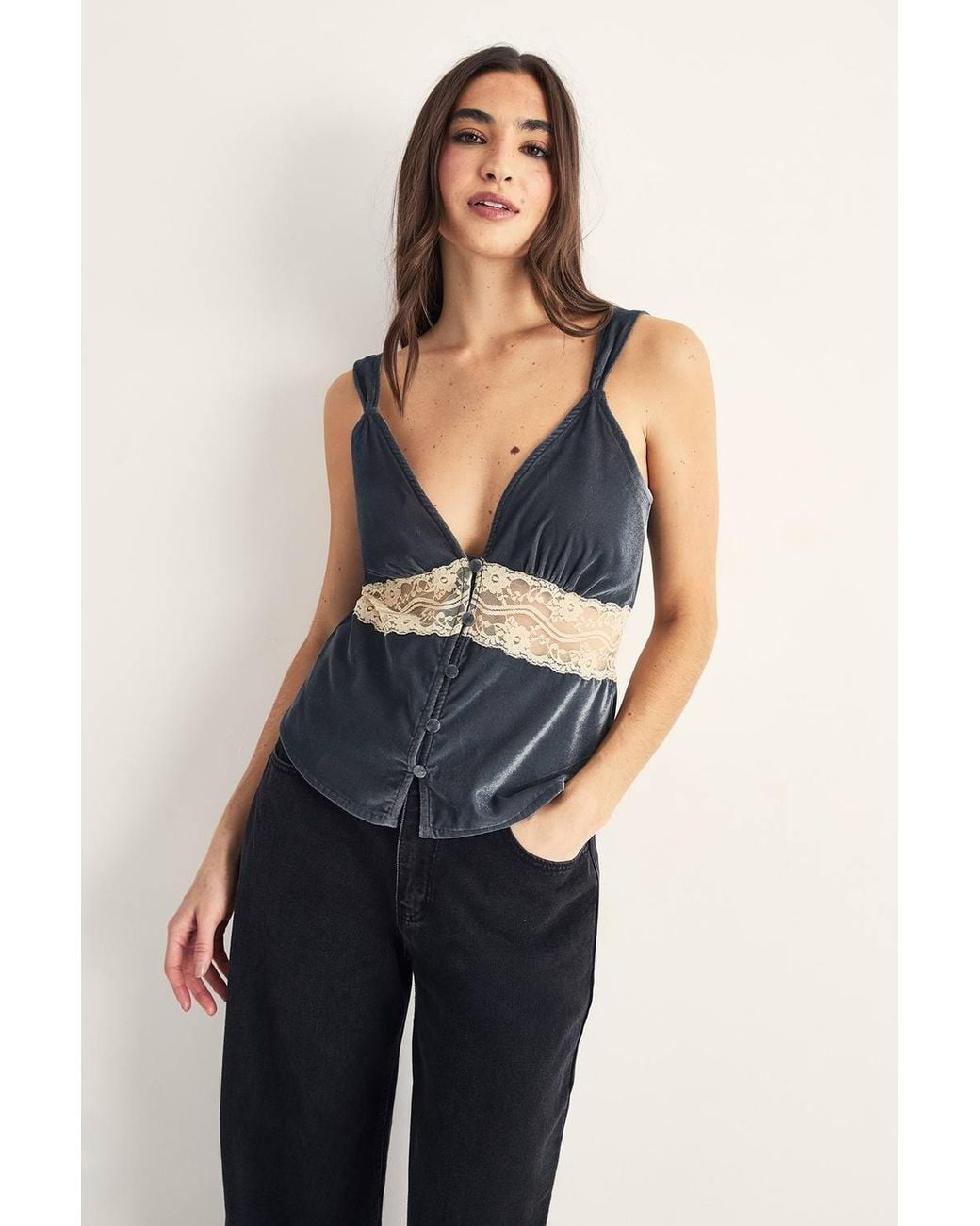 Nasty Gal Blue Velvet Lace Insert Button Detail Cami Top