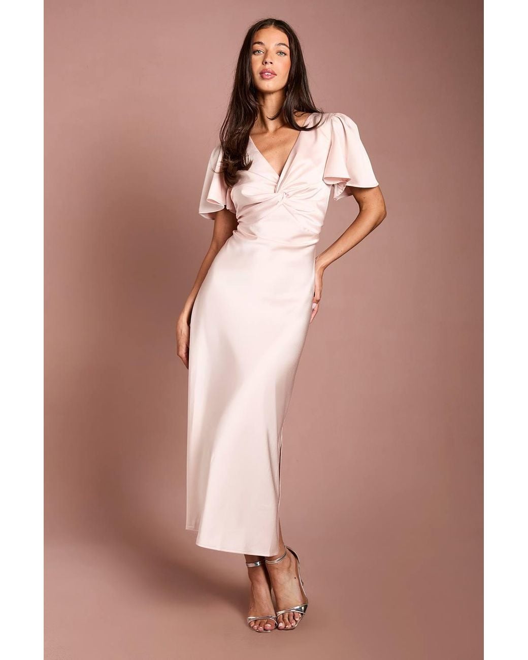 Oasis Brown Satin Twist Front Angel Sleeve Midi Bridesmaid Dress