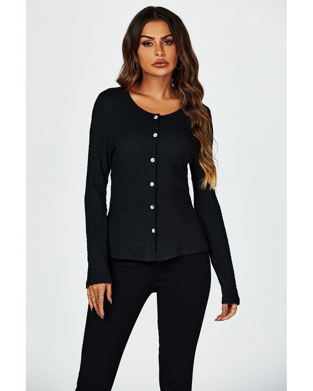 FS Collection Black Button Down Ruched Stretch Long Sleeves Top