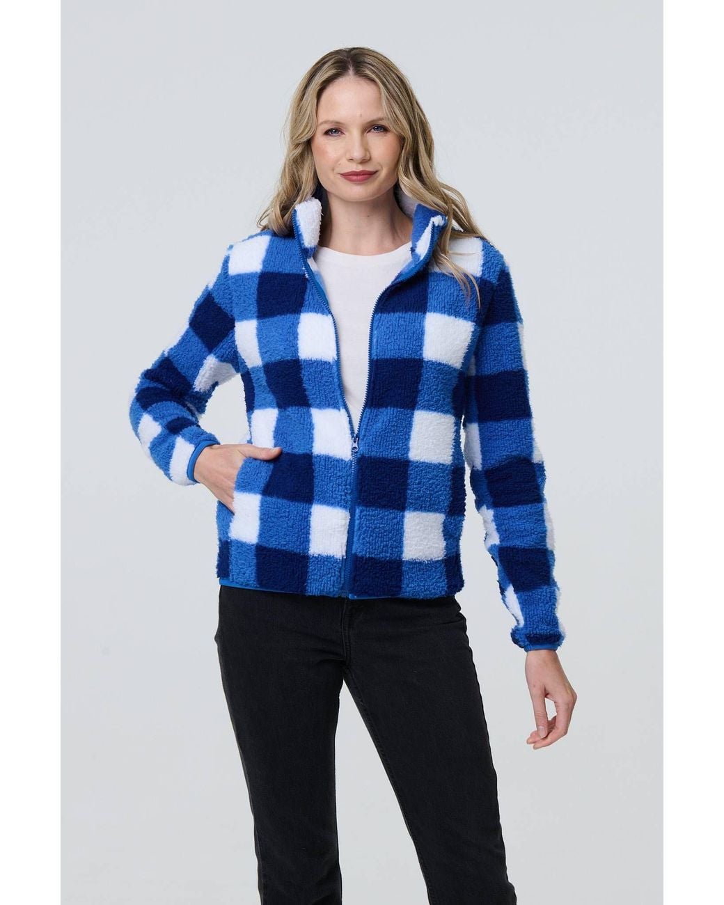 Izabel London Blue Checked Print Teddy Fur Zip Front Jacket