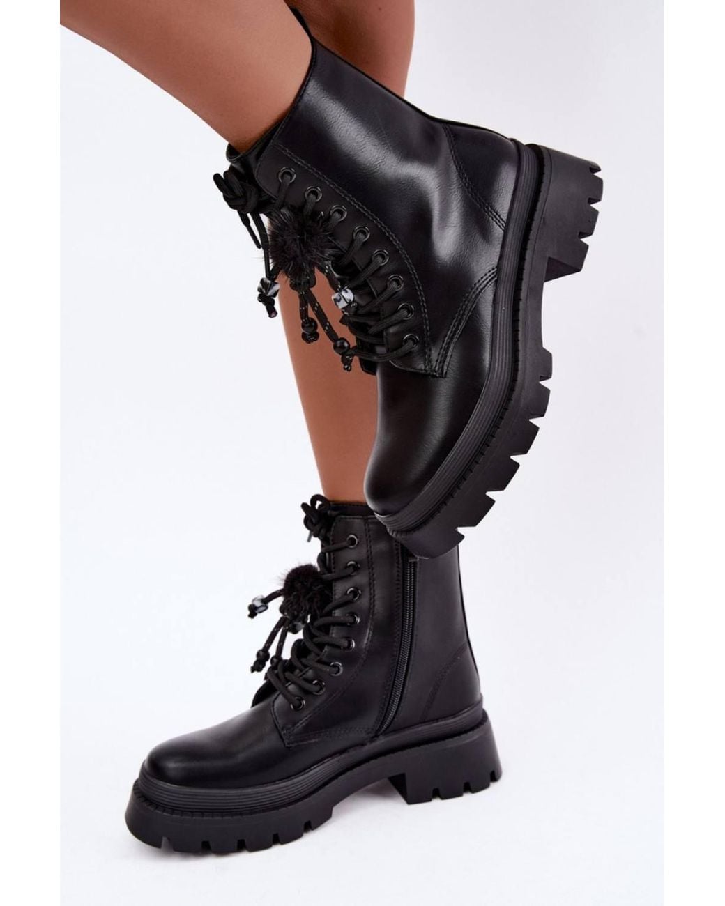 Love Lace Black Platform Lace-Up Faux Leather Worker Boots With Zip