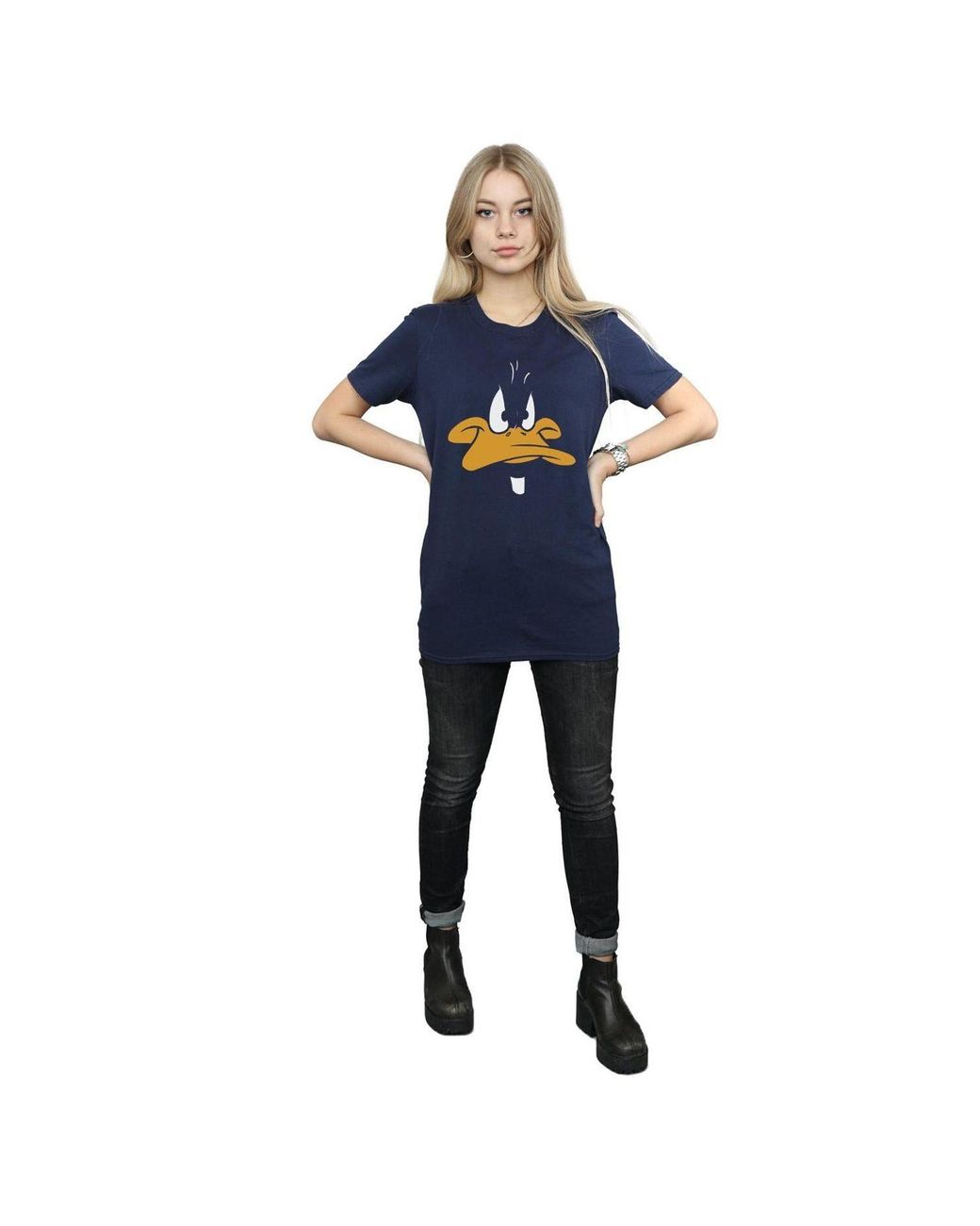 Looney Tunes Blue Daffy Duck Face Cotton Boyfriend T-Shirt