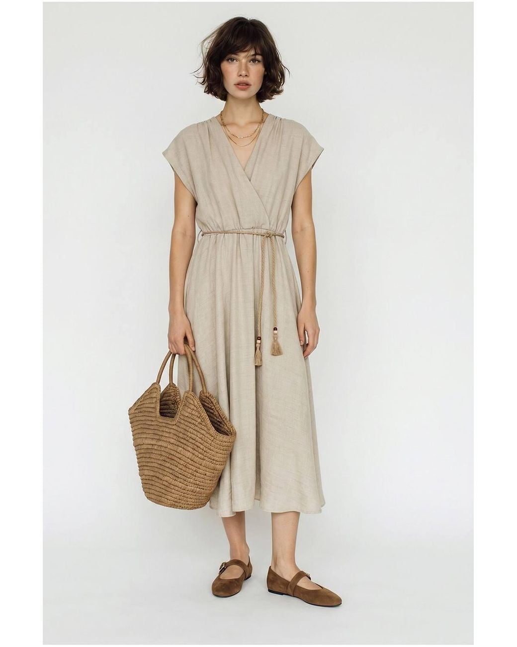 Bianco Lucci Natural Belted Wrap Midi Dress