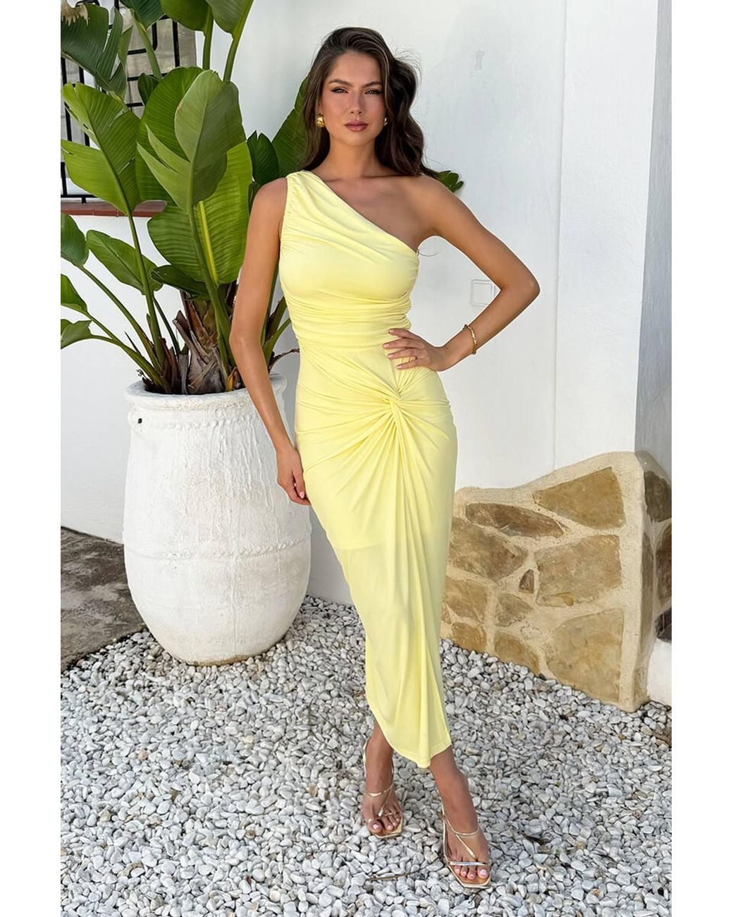 AX Paris Yellow Soft One Shoulder Knot Skirt Midi Dress