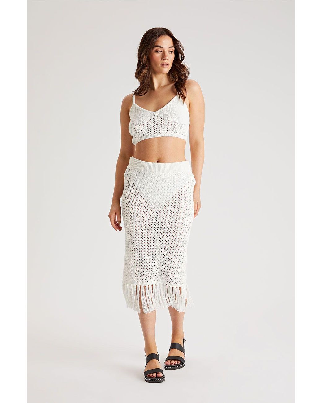 Urban Bliss White Tassel Open Stitch Top & Midi Skirt
