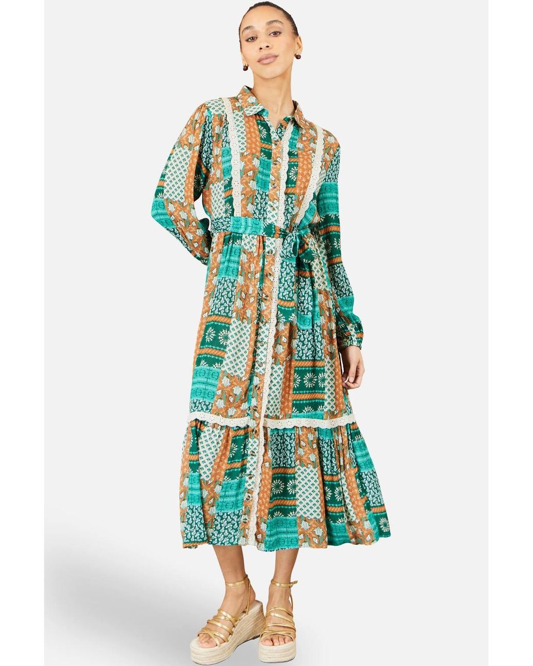 Yumi' Green Patchwork Viscose Midi Shirt Dress