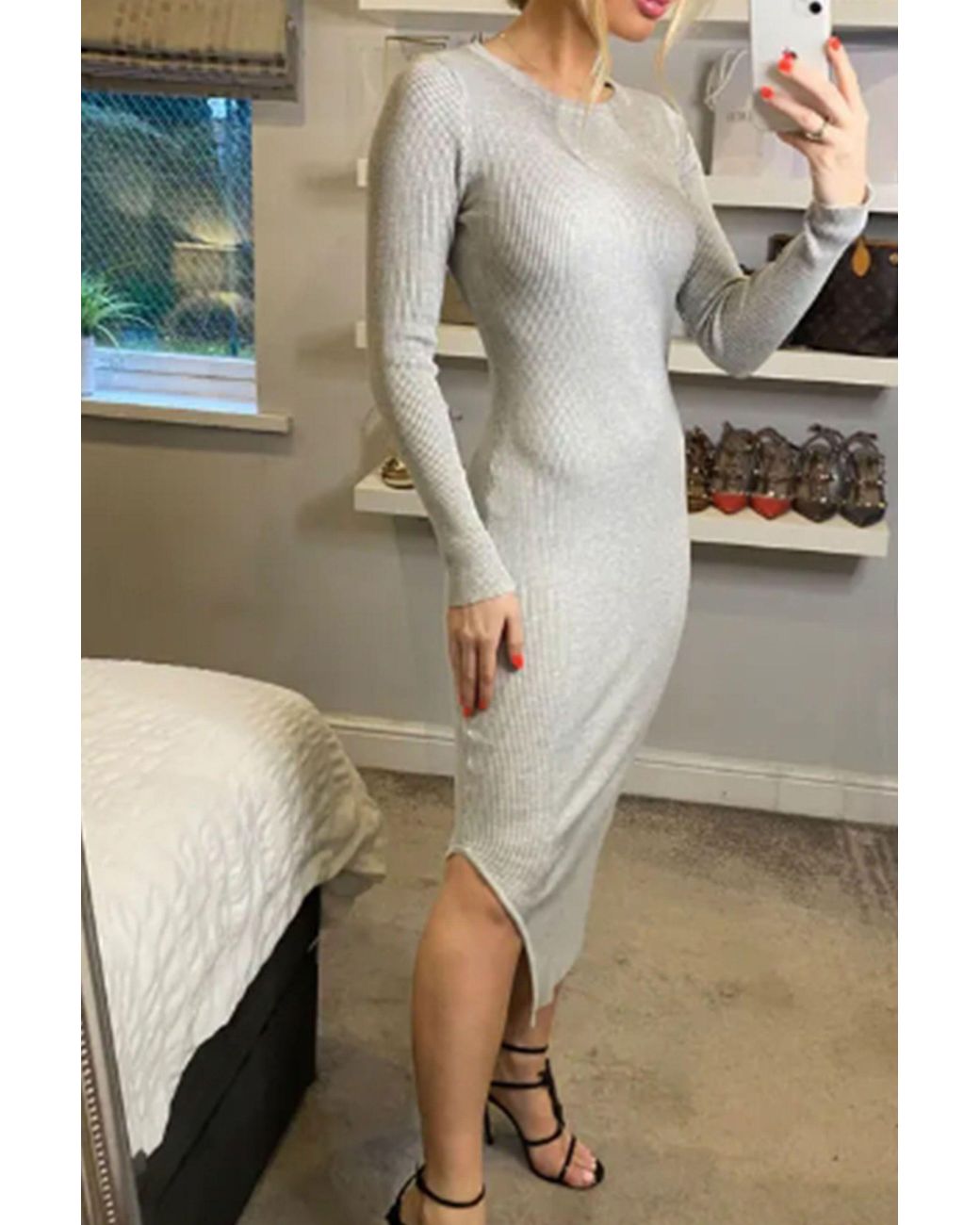 CY Gray Long Sleeves Knit Bodycon Dress