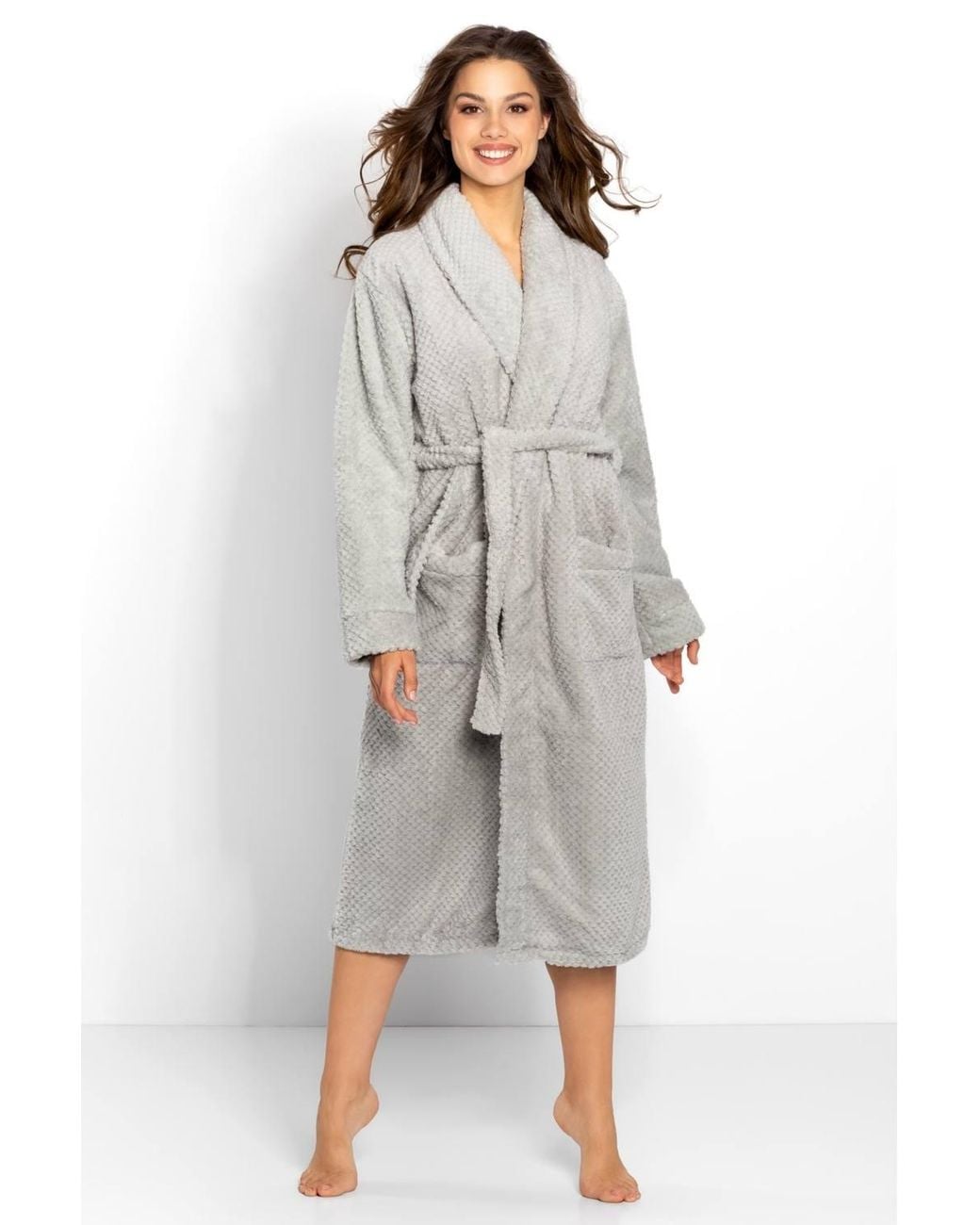 KDMD Gray Long Shawl Collar Knit Bathrobe With Pockets