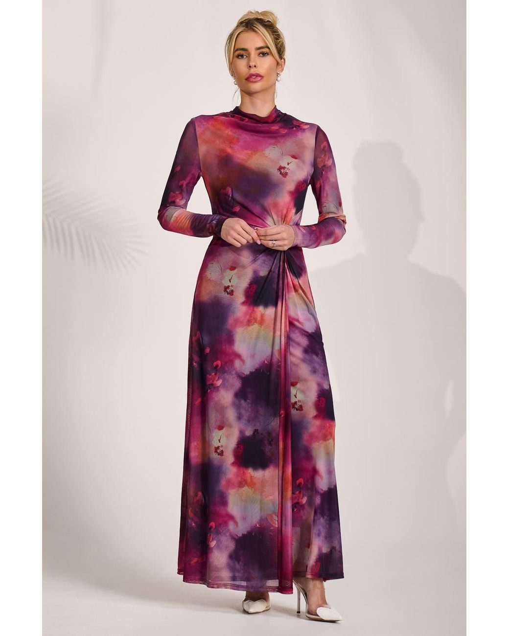 Jolie Moi Red High Neck Long Sleeve Mesh Maxi Dress