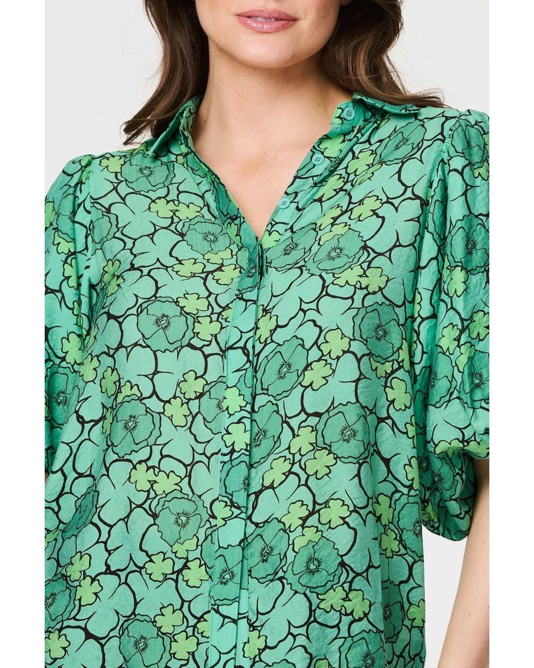 Izabel London Green Leaf Print 1/2 Puff Sleeve Blouse