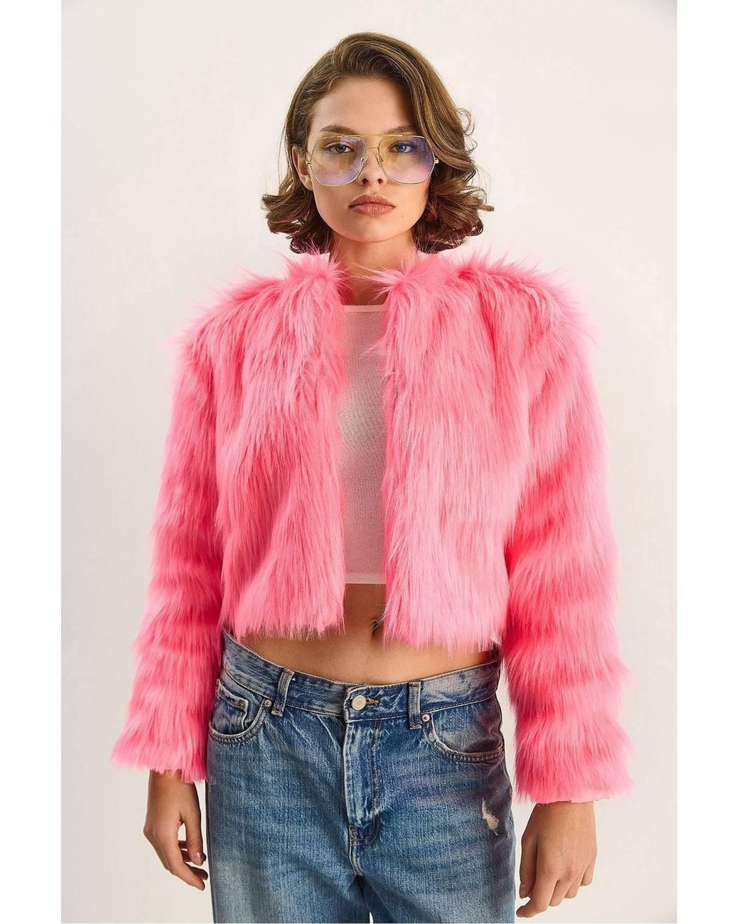 Bianco Lucci Red Boxy Crop Faux Fur Coat