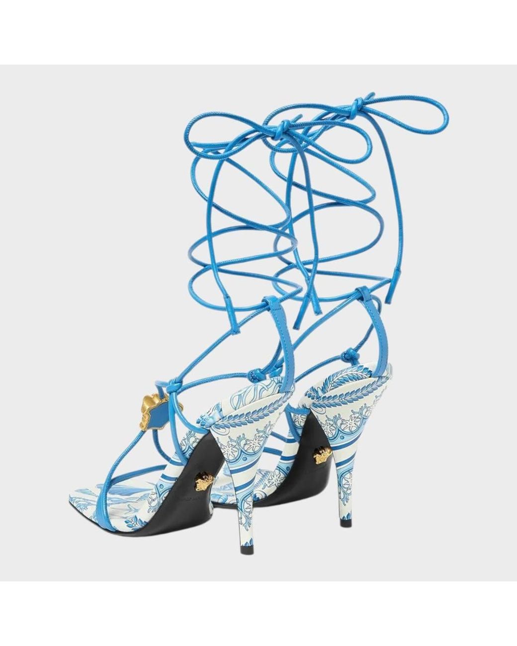 Versace Blue Medusa Barocco Square Toe Heeled Sandals