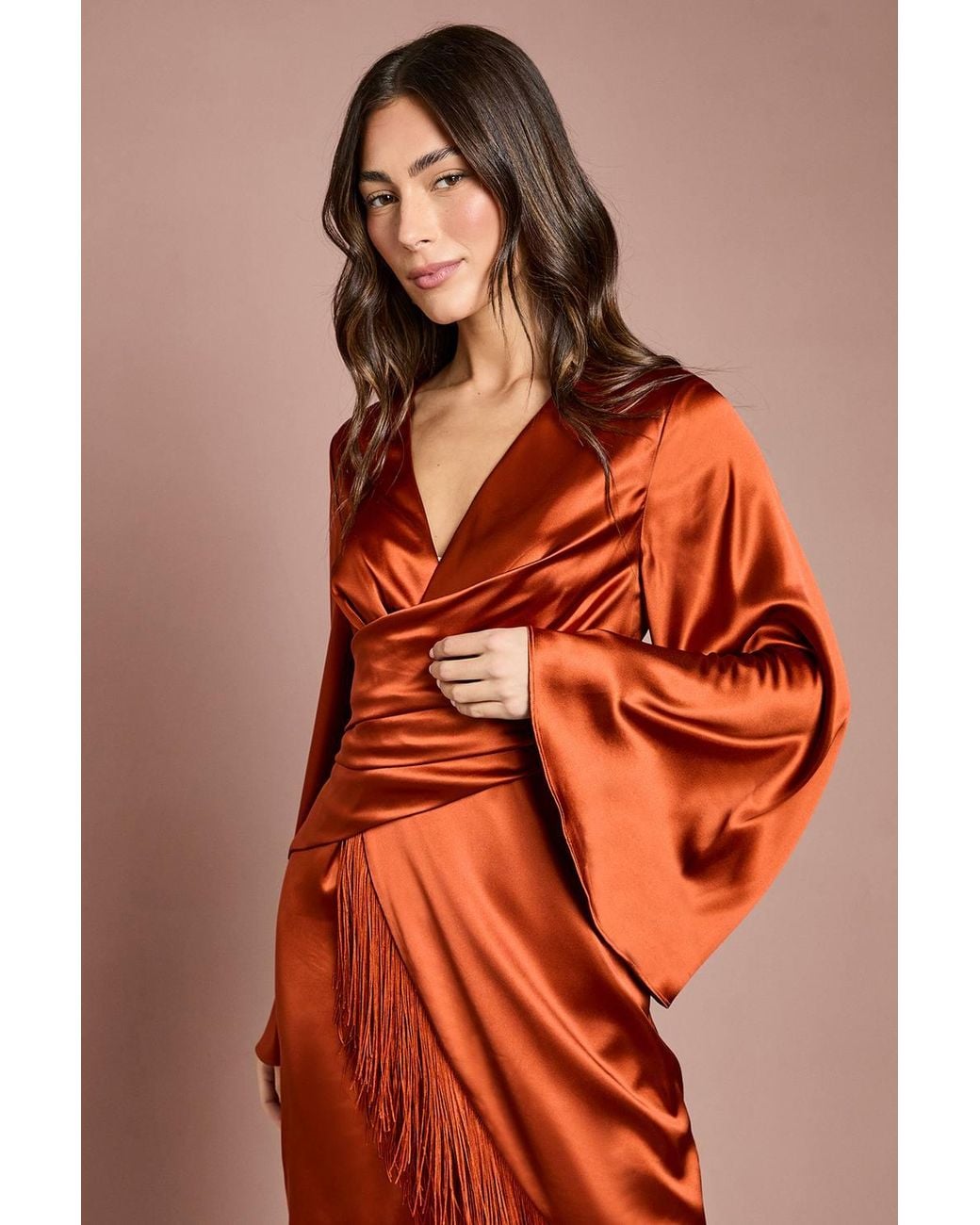 Coast Orange Satin Fringe Hem Wrap Waist Midi Dress