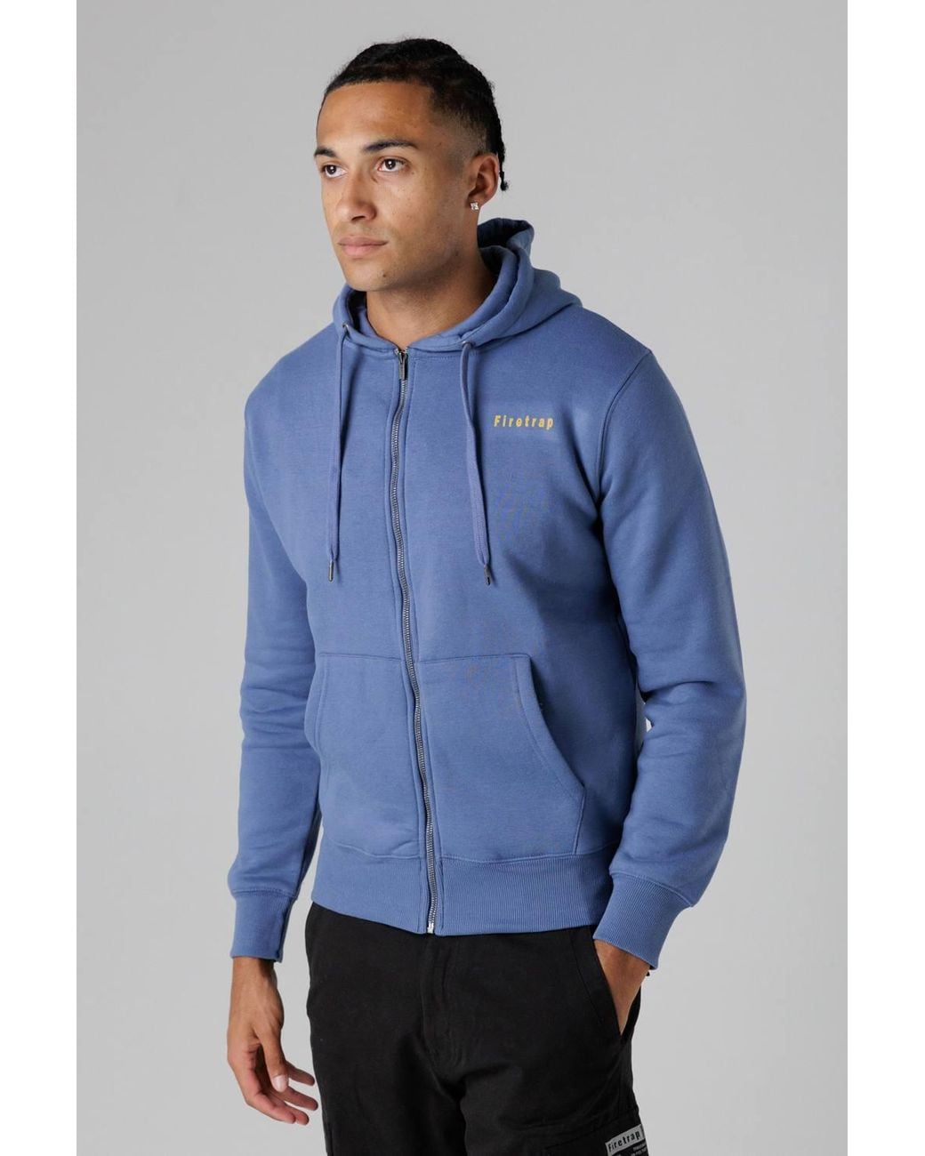 Firetrap Blue Regular Fit Cotton Rich Zip Through Hoody With Drawstring for men