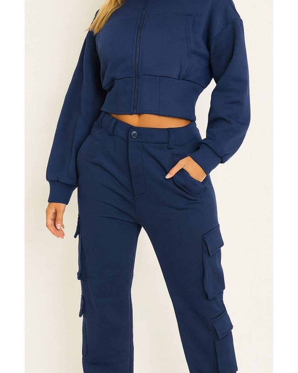 Stylewise Blue Cropped Zip Sweatshirt & Cargo Trouser Tracksuit Co-Ord