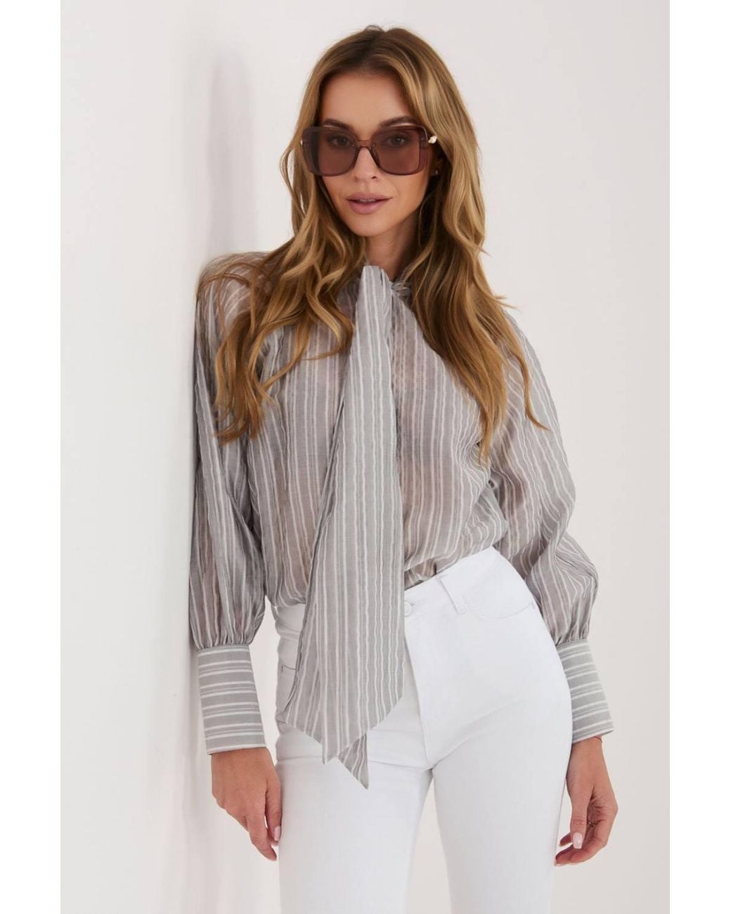 Love Lace Gray Lyocell Striped Tie Neck Puff Sleeve Shirt