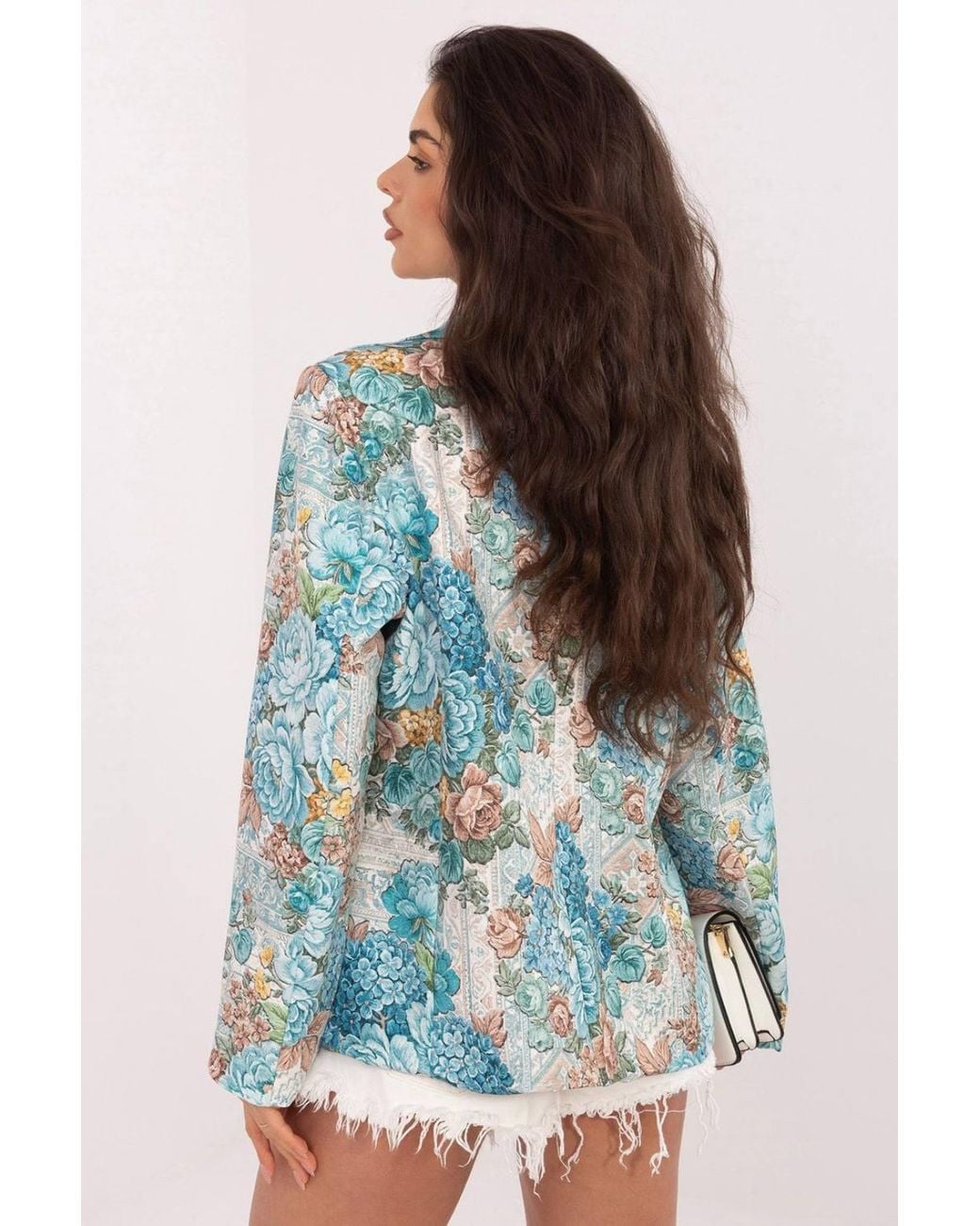 Love Lace Blue Stretch Office Floral Blazer With Buttons