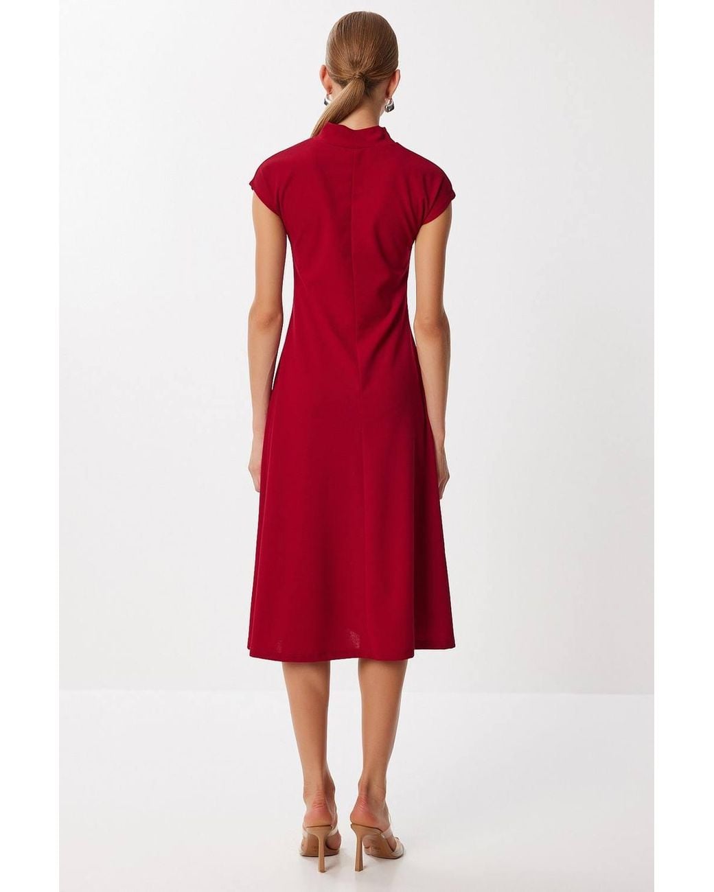 Happiness İstanbul Red A-Line Midi Dress With Half Turtleneck